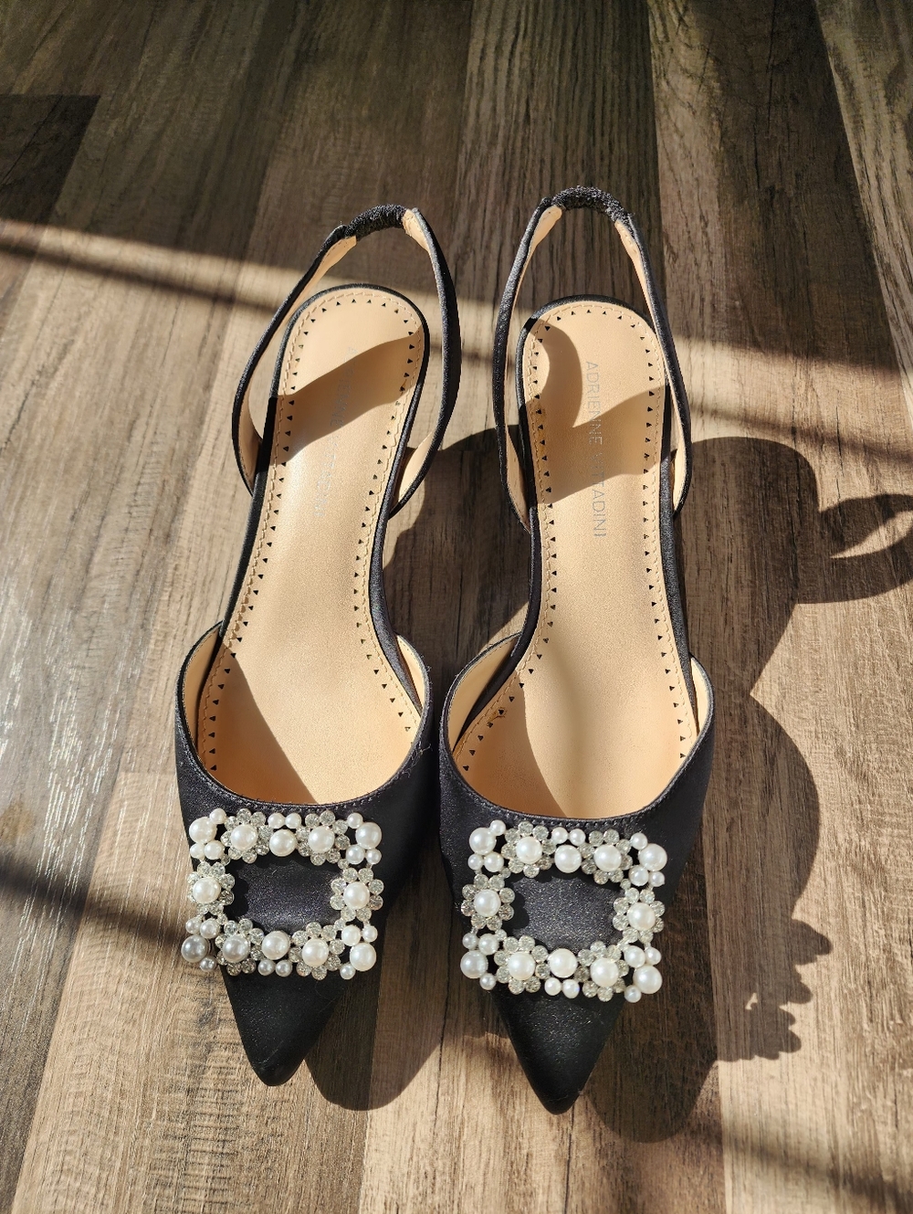 Black Pearl-Embellished Slingback Pointed Toe Heels